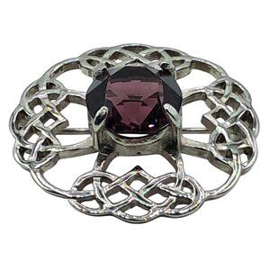 Celtic Knot Brooch Purple Glass Rhinestone Scottish Art Pewter Pin Signed Vintag